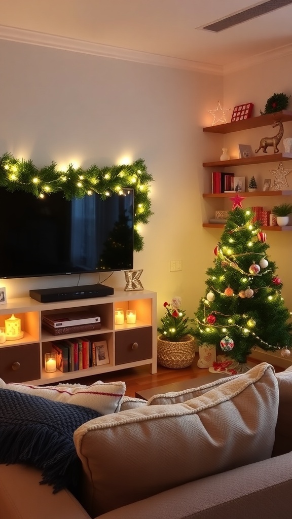 Festive Christmas Decor Ideas for Your Living Room TV A festive living room with a decorated TV, garlands, lights, and a small Christmas tree.